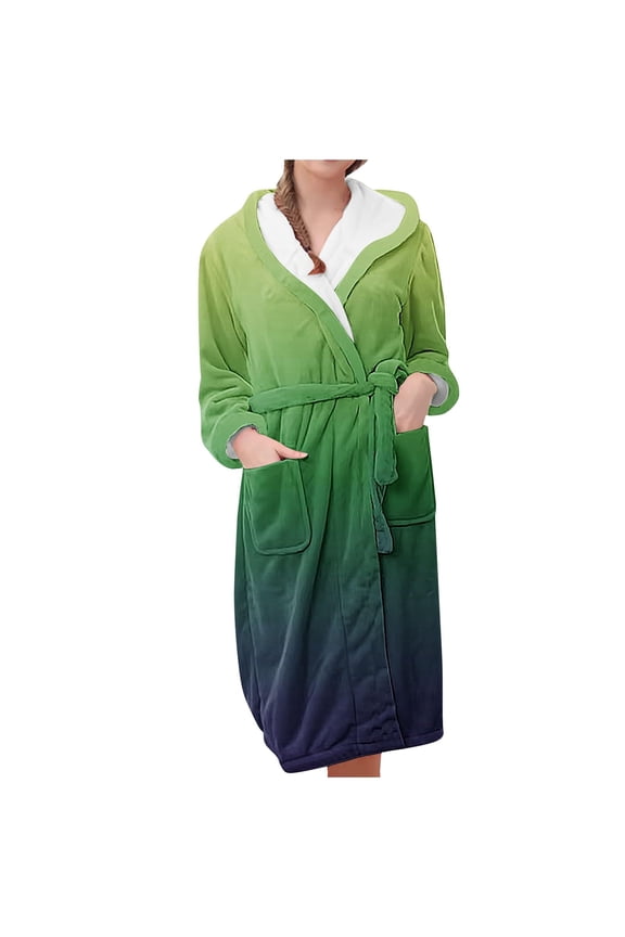 Women's Color Gradient Plush Bathrobe, Ombre Fade Hooded Robe, Long Length Belted Loungewear, Soft Fleece Kimono Style Gown, Cozy Gradient Color Change Robe Green M
