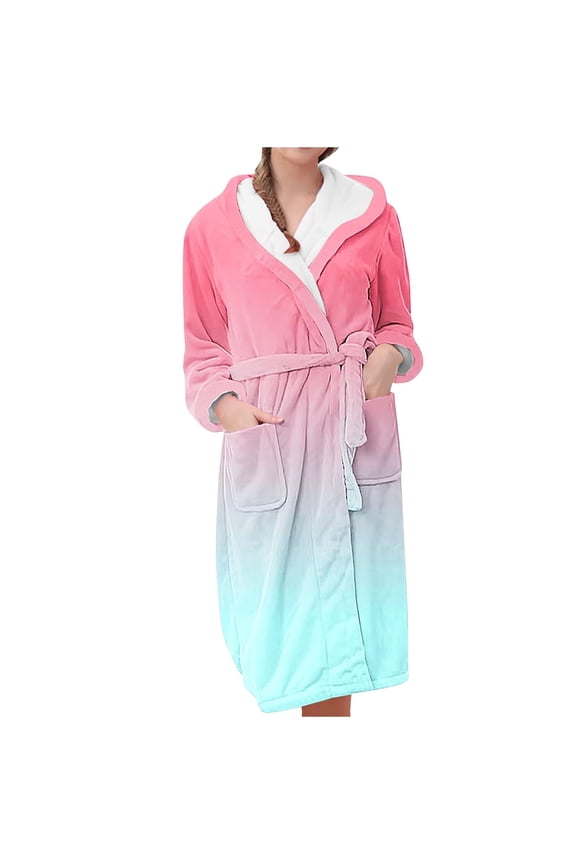 Women's Color Gradient Plush Bathrobe, Ombre Fade Hooded Robe, Long Length Belted Loungewear, Soft Fleece Kimono Style Gown, Cozy Gradient Color Change Robe Pink M