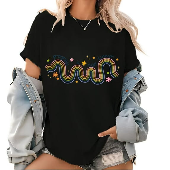 Women's Color Graphic Tee T-Shirt Top Progress Is Not Linear Print Short Sleeve Round Neck Black S-5XL