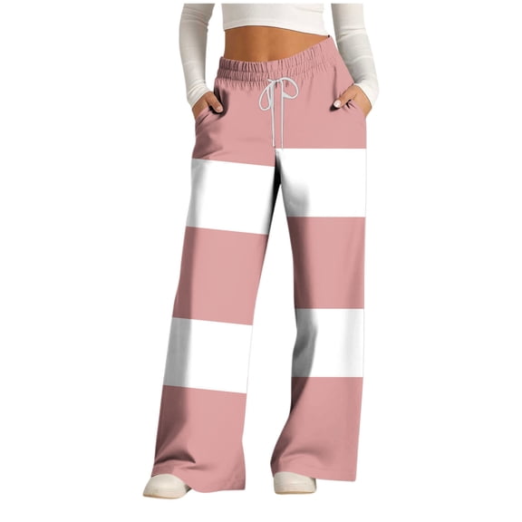 Women’s Color Patchwork Sweatpants Drawstring Elastic Waist Wide Leg Casual Pants Fashion Loose Straight Trousers