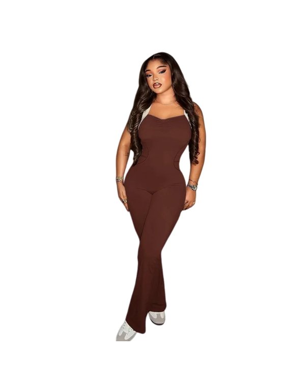 Women's Color Spliced Cross Halter Sleeveless Low-Waist Backless Jumpsuits, Sexy