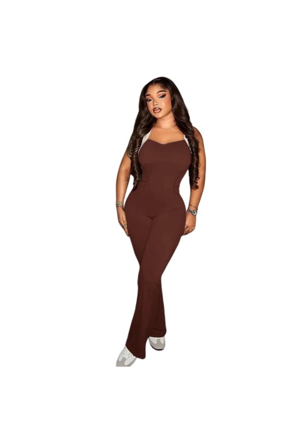 Women's Color Spliced Cross Halter Sleeveless Low-Waist Backless Jumpsuits, Sexy