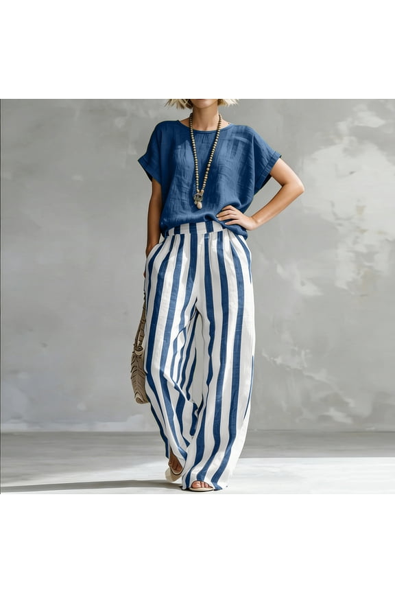 Women's Color Striped Cotton Linen Two Piece Set Casual Loose Outfit with Convenient Pockets for Daily Wear Navy M