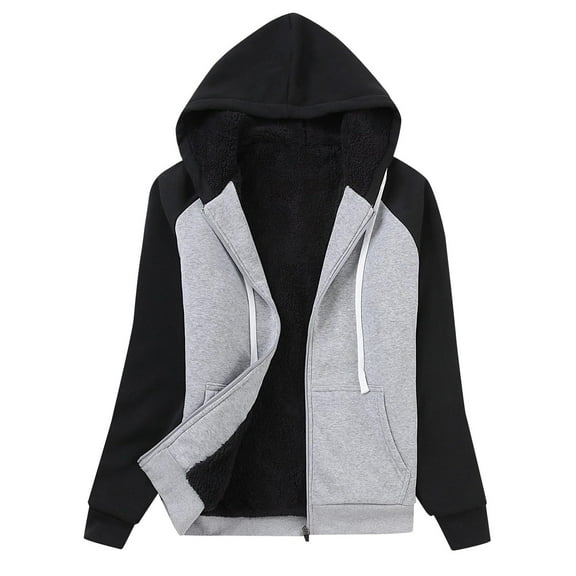 Women's Color-blocked Stylish Loose-fitting Zip-up Hooded Sweatshirt Jacket Black S