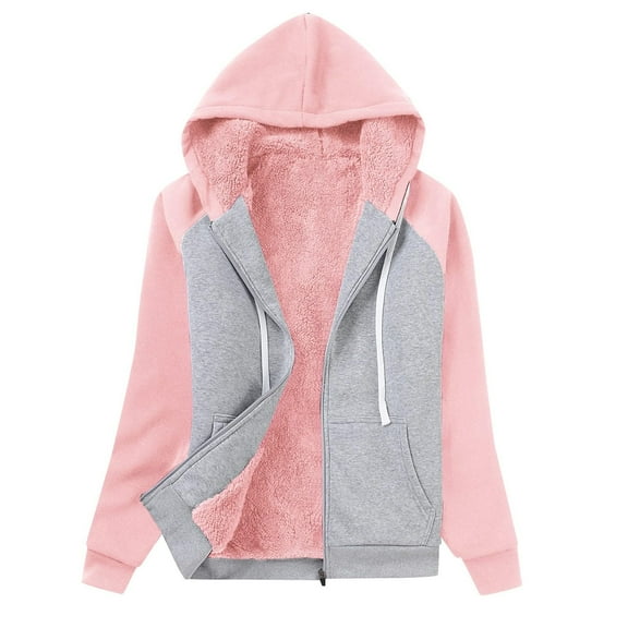 Women's Color-blocked Stylish Loose-fitting Zip-up Hooded Sweatshirt Jacket Pink XL
