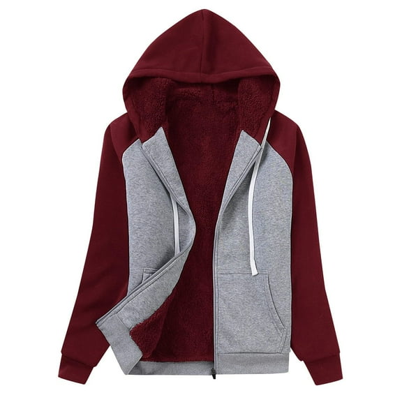Women's Color-blocked Stylish Loose-fitting Zip-up Hooded Sweatshirt Jacket Wine M