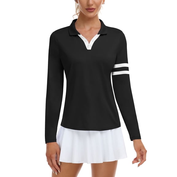 Women’s Colorblock Golf Polo Shirt Long Sleeve Collared V-Neck Quick Dry Tennis Top with UV Protection