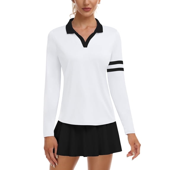 Women’s Colorblock Golf Polo Shirt Long Sleeve Collared V-Neck Quick Dry Tennis Top with UV Protection