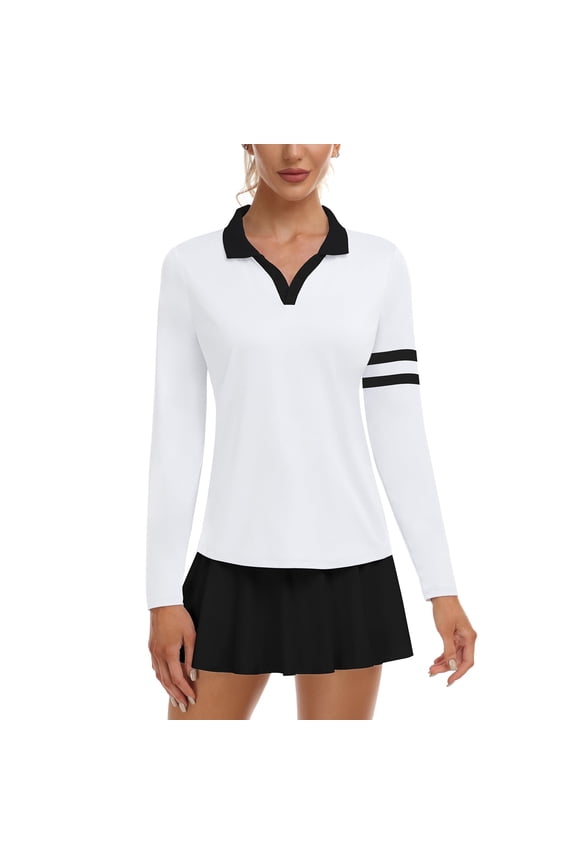 Women’s Colorblock Golf Polo Shirt Long Sleeve Collared V-Neck Quick Dry Tennis Top with UV Protection