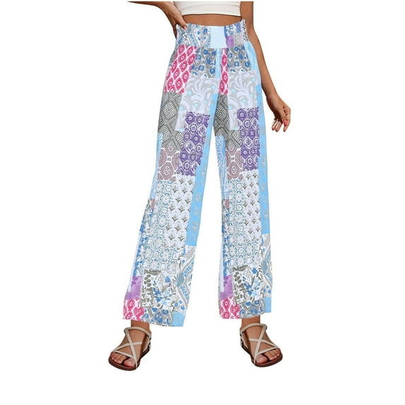 Women's Colorblock Graphic Print Patchwork Straight Leg Pants Casual High Waist Loose Wide Leg Boho Pants With Pockets
