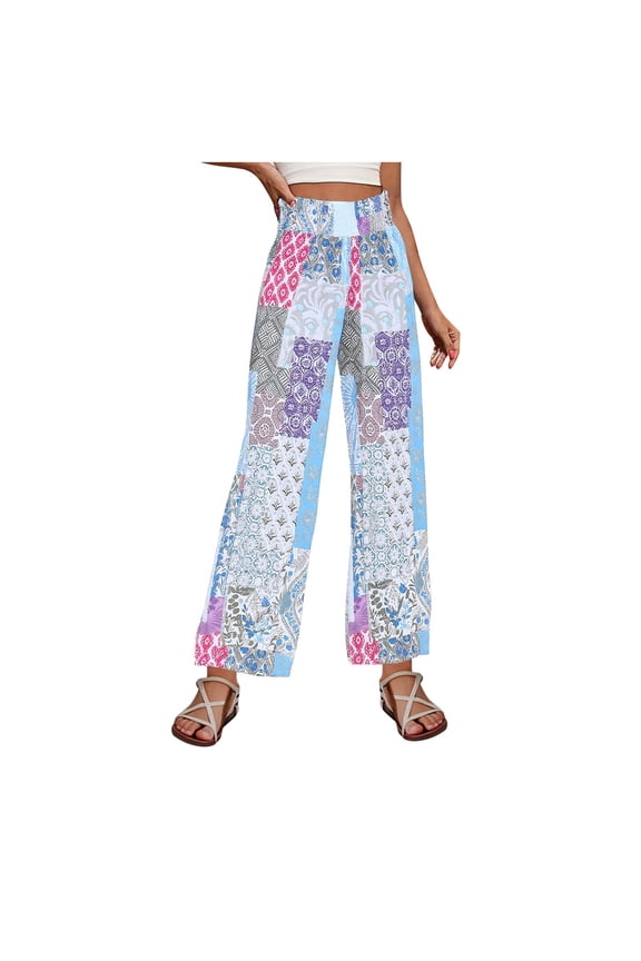 Women's Colorblock Graphic Print Patchwork Straight Leg Pants Casual High Waist Loose Wide Leg Boho Pants With Pockets