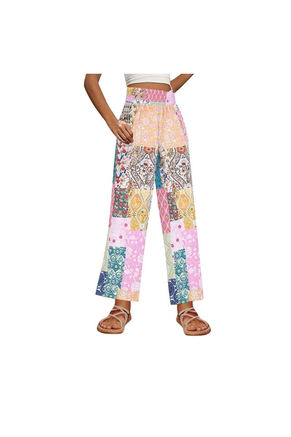 Women's Colorblock Graphic Print Patchwork Straight Leg Pants Casual High Waist Loose Wide Leg Boho Pants With Pockets