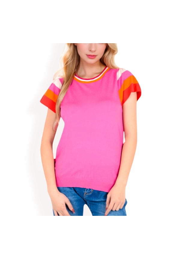 Women's Colorblock Knit Short Sleeve Top with Bold Striped Sleeves- Fuchsia,Medium