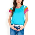 thumbnail image 1 of Women's Colorblock Knit Short Sleeve Top with Bold Striped Sleeves- Teal,Large, 1 of 7