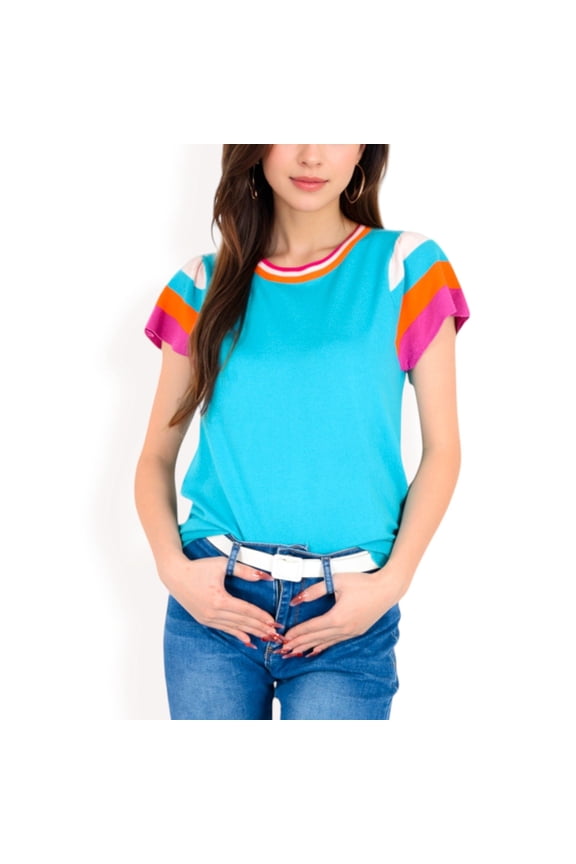 Women's Colorblock Knit Short Sleeve Top with Bold Striped Sleeves- Teal,X Large