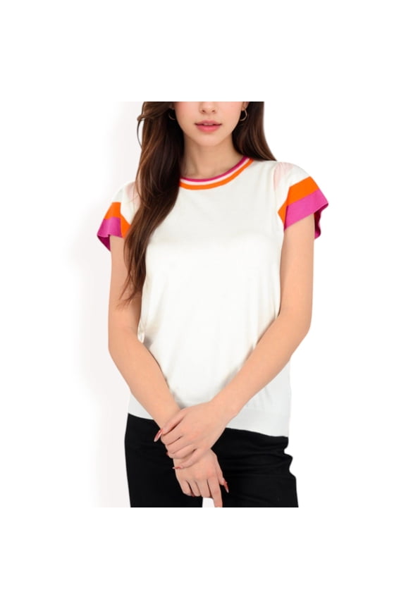 Women's Colorblock Knit Short Sleeve Top with Bold Striped Sleeves- White,Large