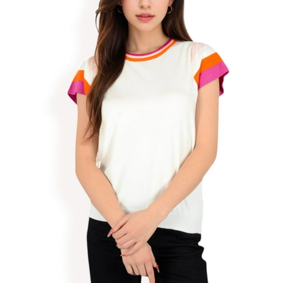 Women's Colorblock Knit Short Sleeve Top with Bold Striped Sleeves- White,X Large