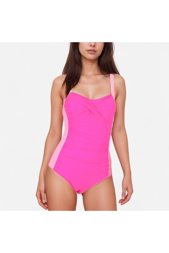 Women's Colorblock One Piece Swimsuit with Twist Front Detail Wide Shoulder Straps and Flattering Ruched Sides - Fuchsia, Small