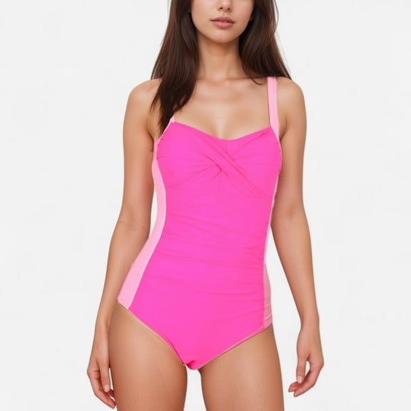 Women's Colorblock One Piece Swimsuit with Twist Front Detail Wide Shoulder Straps and Flattering Ruched Sides - Fuchsia, X Large