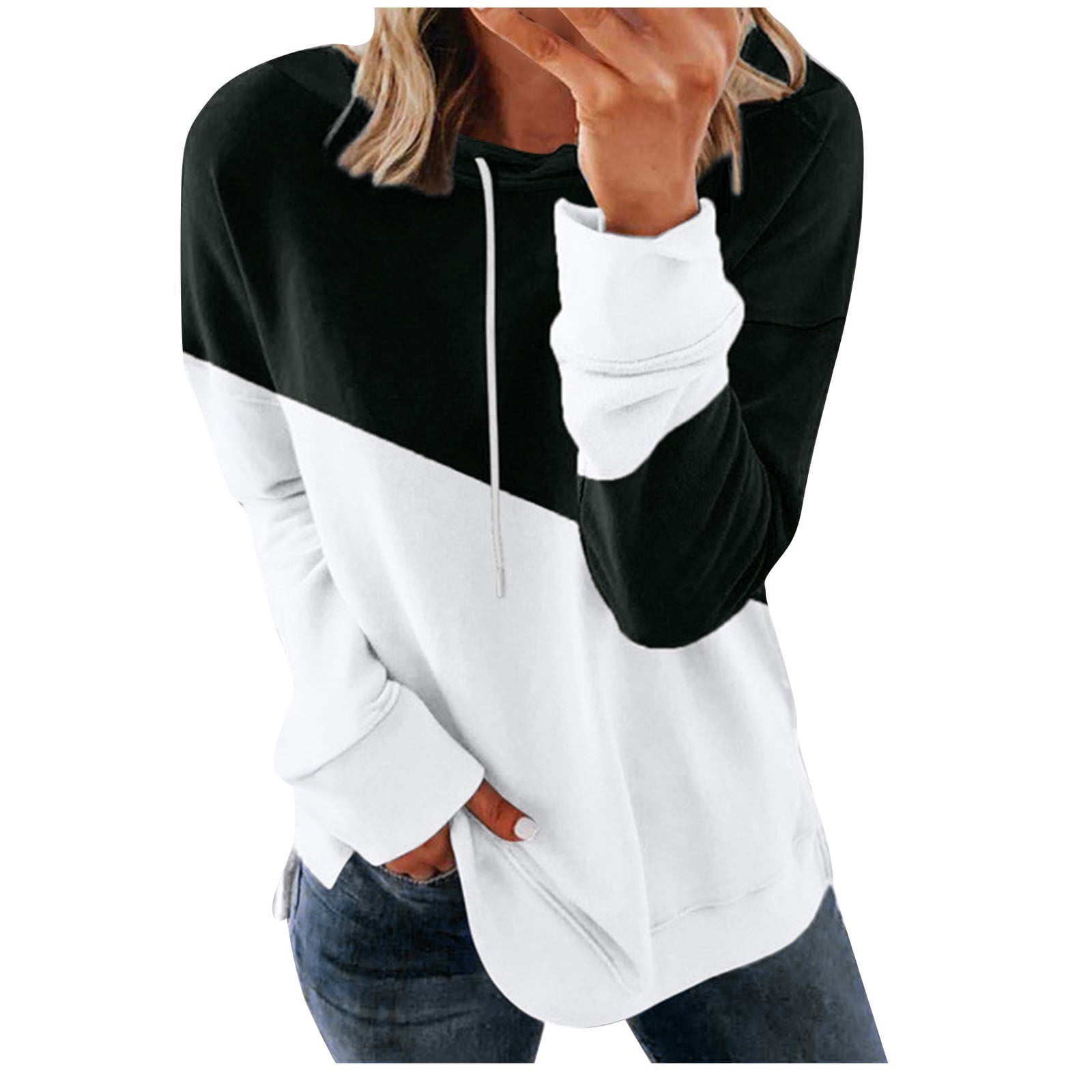 Women s Colorblock Pullover Hooded Sweatshirts Long Sleeve Drawstring Crewneck Hoodie Side Split Hem Tops Casual Large Black Walmart