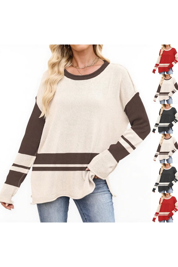 Women's Colorblock Round Neck Loose Casual Pullover Long Sleeve Sweater for Fall Winter Colorful Fashion,Red,S