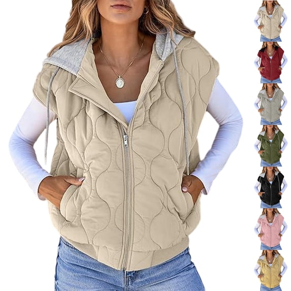 Women's Colorblock Sleeveless Drawstring Hooded Vest Jacket Coffee XXL