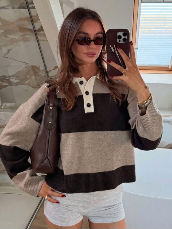 Women's Colorblock Striped Sweater, Loose Knit Pullover Top