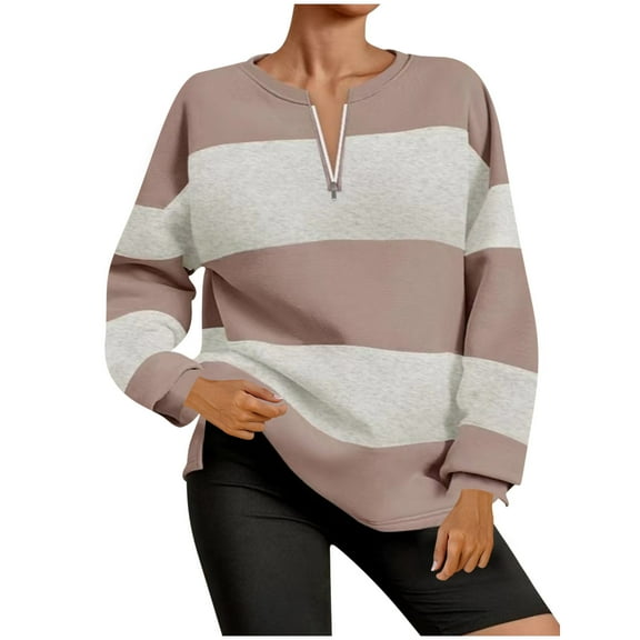 Women's Colorblock Sweatshirt Fall Casual Crewneck Zip Long Sleeve Shirts Loose Comfy Pullover Tops