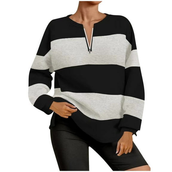 Women's Colorblock Sweatshirt Fall Casual Crewneck Zip Long Sleeve Shirts Loose Comfy Pullover Tops