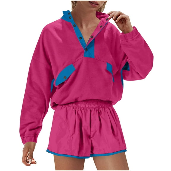 Women's Colorblock Sweatsuits 2 Piece Outfits Half Button up Long Sleeve Pullover Sweatshirt and Shorts Set Tracksuits (2XL, Hot Pink)