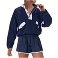 thumbnail image 1 of Women's Colorblock Sweatsuits 2 Piece Outfits Half Button up Long Sleeve Pullover Sweatshirt and Shorts Set Tracksuits (2XL, Navy), 1 of 4