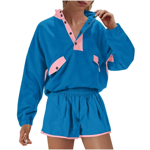 Women's Colorblock Sweatsuits 2 Piece Outfits Half Button up Long Sleeve Pullover Sweatshirt and Shorts Set Tracksuits (L, Blue)