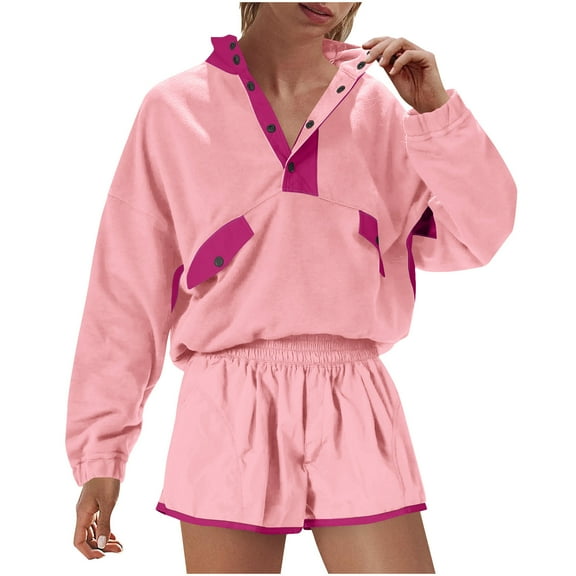 Women's Colorblock Sweatsuits 2 Piece Outfits Half Button up Long Sleeve Pullover Sweatshirt and Shorts Set Tracksuits (M, Pink)