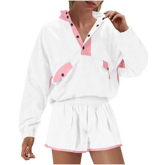 Women's Colorblock Sweatsuits 2 Piece Outfits Half Button up Long Sleeve Pullover Sweatshirt and Shorts Set Tracksuits (M, White)