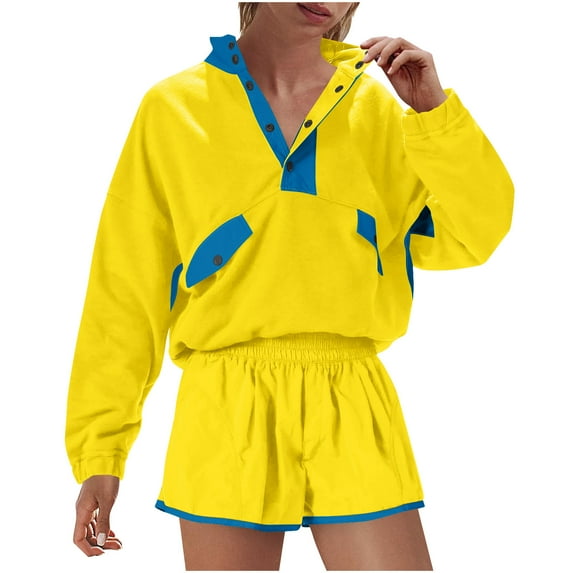 Women's Colorblock Sweatsuits 2 Piece Outfits Half Button up Long Sleeve Pullover Sweatshirt and Shorts Set Tracksuits (XL, Yellow)