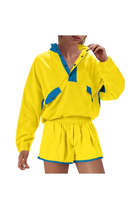 Women's Colorblock Sweatsuits 2 Piece Outfits Half Button up Long Sleeve Pullover Sweatshirt and Shorts Set Tracksuits (XL, Yellow)