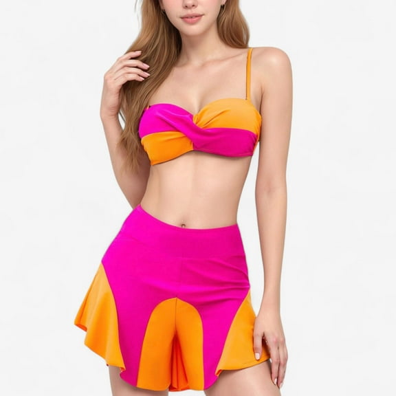 Women's Colorblock Twist Bikini Top with Flared Swim Skirt Bottom for Playful and Sporty Beachwear Look - Large, Fuchsia