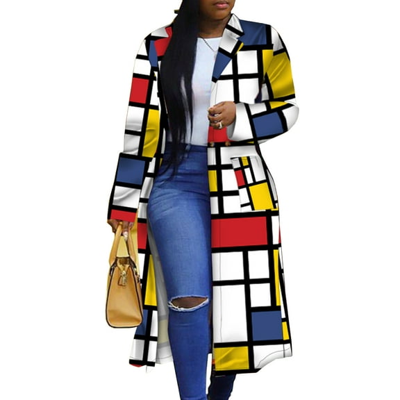 Women's Colored Geo Turn Down Collar Trench Coat Colorful Outerwear Cardigan Long Blazer Jacket