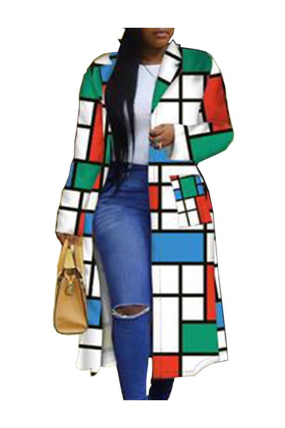 Women's Colored Geo Turn Down Collar Trench Coat Colorful Outerwear Cardigan Long Blazer Jacket