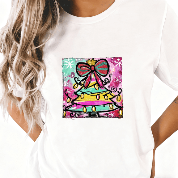 Women's Colorful Bow Christmas Tree Graphic Casual for Holiday Users Graphic Tee Short Sleeve Comfortable Round Neck Top White S-5XL