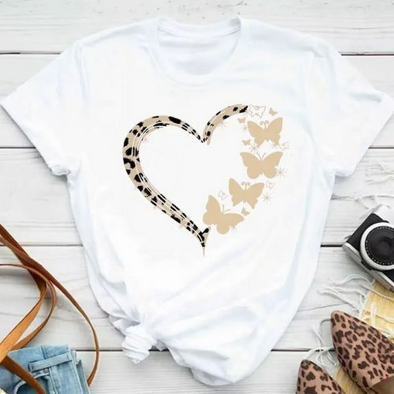 Women's Colorful Butterfly Petal Print T-Shirt, Short Sleeve, Round Neck, Cute Graphic Tee Shirts, Female Tops Clothes