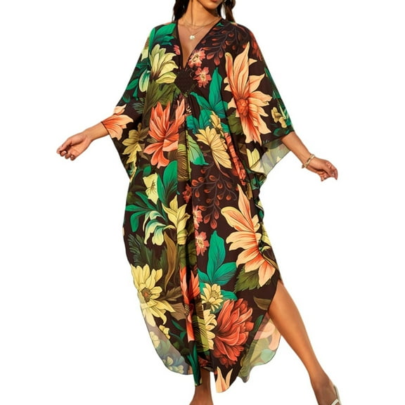 Women's Colorful Butterfly Print Kaftan Maxi Dress, Loose Fit Beach Cover Up, V-Neck Summer Resort Wear for Vacation and Party