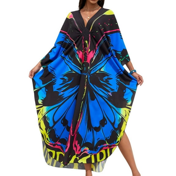 Women's Colorful Butterfly Print Kaftan Maxi Dress, Loose Fit Beach Cover Up, V-Neck Summer Resort Wear for Vacation and Party