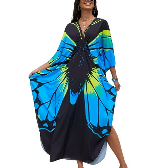 Women's Colorful Butterfly Print Kaftan Maxi Dress, Loose Fit Beach Cover Up, V-Neck Summer Resort Wear for Vacation and Party