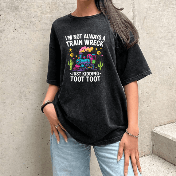 Women's Colorful Cartoon Train, Cactus, Smiley Faces And Stars Train, Cactus, Smiley Faces And Stars "I'm Not Always A Train Wreck - Just Kidding - Toot Toot" Tops