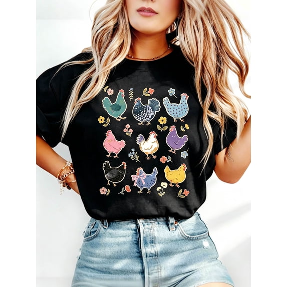 Women’s Colorful Chicken T-Shirt Floral Farm Hens Graphic Casual Short Sleeve Tee