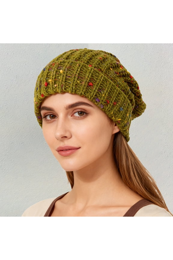 Women's Colorful Dots Knit Beanie, Soft Acrylic Slouchy Beanie for Women, Oversized Winter Warm Hat, Cute Slouch Hat with Large Head Circumference for Cold Weather-Green
