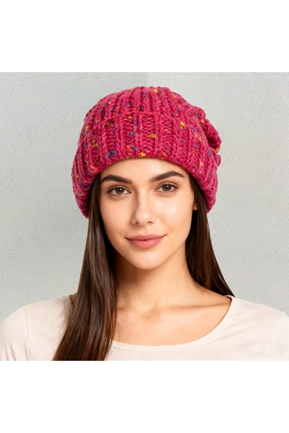 Women's Colorful Dots Knit Beanie, Soft Acrylic Slouchy Beanie for Women, Oversized Winter Warm Hat, Cute Slouch Hat with Large Head Circumference for Cold Weather-Hot Pink