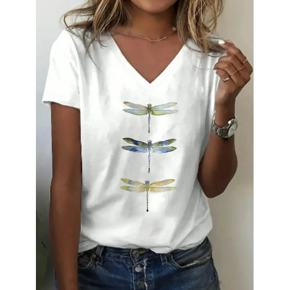 Women's Colorful Dragonfly Print Casual V-Neck Short Sleeve T-Shirt