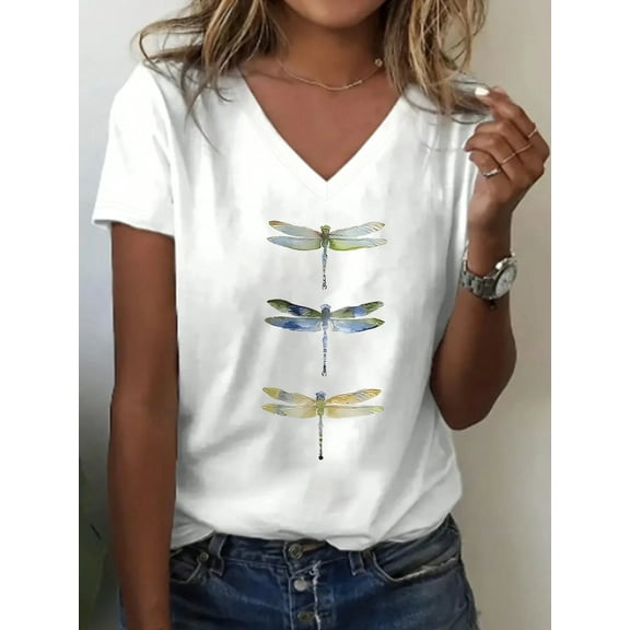 Women's Colorful Dragonfly Print Casual V-Neck Short Sleeve T-Shirt